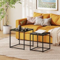 HOMCOM Nest of Tables, Set of 2 Coffee Table, Side Tables with Tempered Glass Desktop and Metal Frame for Living Room, Bedroom, Office, Black