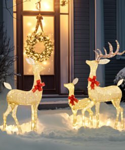 Outsunny Lighted Reindeer Christmas Decorations Outdoor, 3-Piece Light Up Deer Family Set of 3 with 283 LED Lights for Indoor, Lawn, Garden, Gold Tone