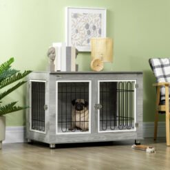 PawHut Dog Crate Furniture End Table, with Washable Cushion, Double Doors, for Medium/Large Dogs, Grey