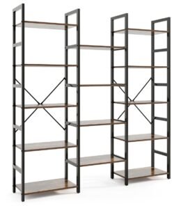 Triple Wide Heavy-duty Metal Frame Industrial Bookshelf with 14 Open Shelves-Brown