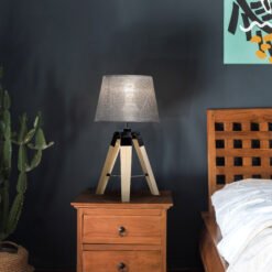 HOMCOM Wooden Tripod Table Lamp for Side, Desk or End Table with E27 Bulb Base?Grey Shade?