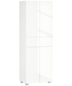 HOMCOM 4-Door Kitchen Cupboard, Tall Freestanding 5-Tier Storage Cabinet with 3 Adjustable Shelves, 2 Drawers for Living Room, Dining Room, Push to Open Design, High Gloss White