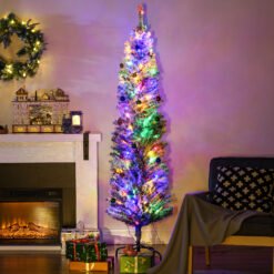 HOMCOM 6' Artificial Prelit Christmas Trees Holiday Dcor with Colourful LED Lights, Flocked Tips, Berry, Pine Cone