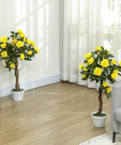 Outsunny Set of 2 Artificial Plants White Rose Floral in Pot, Fake Plants for Home Indoor Decor, 90cm, Yellow