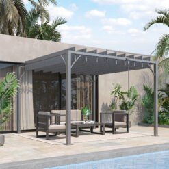 Outsunny 3 x 3(m) Outdoor Pergola with Retractable Roof, Aluminium Louvered Patio Gazebo Canopy for Lawn Garden Patio, Grey
