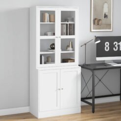 HOMCOM Modern Bookcase with Glass Doors, Display Storage Cabinet with Adjustable Shelves for Living Room, White