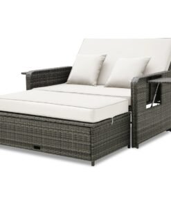 Wicker Loveseat Sofa with Multipurpose Ottoman and Retractable Side Tray-White