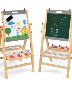 3-In-1 Wooden Kids Easel with Double Boards and Storage Tray-Grey