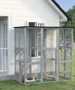 PawHut Wooden Catio Cat Outdoor Enclosure, Cat Cage with Waterproof Roof, Platforms, for Multiple Kittens, 180 x 98 x 180 cm