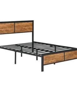 HOMCOM Industrial Double Bed Frame, 5FT Steel Bed Base with Headboard, Footboard, Slatted Support and Under Bed Storage, 142 x 195cm, Rustic Brown