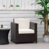 Outsunny Single Seater Rattan Chair, PE Wicker Garden Armchair with 10 cm Thickened Cushion, All-Weather Rattan Garden Chair with Armrests, Brown
