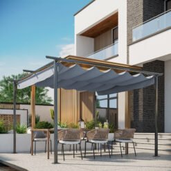 Outsunny 3.5M X 3.5M Metal Pergola Gazebo Awning Retractable Canopy Outdoor Garden Sun Shade Shelter Marquee Party BBQ, Grey