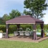 Outsunny 3 x 4m Aluminium GardenGazebo, Marquee Canopy Shelter Pavilion Party Tent with Nets and Curtains for Garden and Deck, Coffee