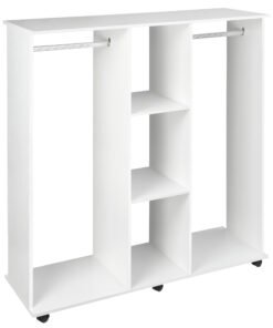 HOMCOM Open Wardrobe Double Mobile Storage Shelves Organizer W/6 Wheels-White