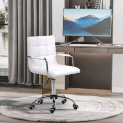 Vinsetto Makeup Vanity Chair, PU Leather Mid Back Office Chair with Adjustable Height, Armrest and Rolling Wheels, White