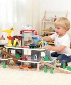 AIYAPLAY 79 Piece Wooden Train Set, Kids Train Track Mine Themed with Crane, Helicopter