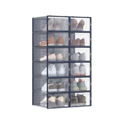 12-Pack Stackable Plastic Shoe Boxes Transparent and Charcoal Blue