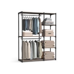 Open Wardrobe with 2 Hanging Rods & Shelves, Portable Closet Organizer for Bedroom/Laundry Room, Rustic Taupe Storage Unit