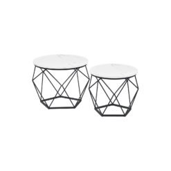 Set of 2 Round Coffee Tables Marble White and Ink Black