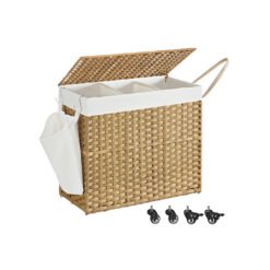 160L Rolling Laundry Hamper with 3 Compartments & Wheels - Synthetic Rattan Basket, Removable Liner for Bedroom/Laundry Room, Natural