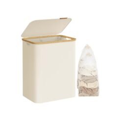 130L 2-Section Laundry Basket with Lid Cream White