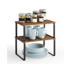 Set of 2 Cupboard Shelf Organiser Black and Rustic Brown