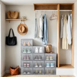 Pack of 12 Stackable Shoe Boxes Transparent and Dove Grey