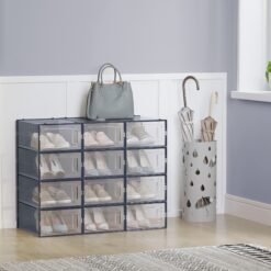 12-Pack Stackable Plastic Shoe Boxes Transparent and Charcoal Blue