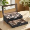 12-Slot Watch Box, Lockable Watch Case with Glass Lid, Drawer