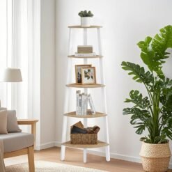 Corner Ladder Shelf, 5 Tiers, Natural and White