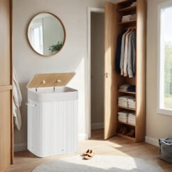 Foldable Laundry Hamper with Lid, 72 L Bamboo Laundry Basket, Storage Hamper with 3 Handles