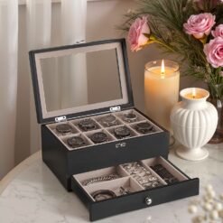 Watch Box with 8 Slots, 2-Tier Wood Watch Case with Large Glass Lid, Watch Pillows