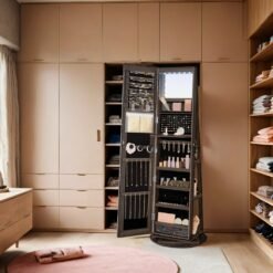360° Rotating Mirrored Jewellery Cabinet, Lockable Jewellery Organiser, with Full-Length Mirror, Ash Brown and Black