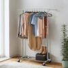 Garment Rail with Wheels, Adjustable Clothes Rack for Bedroom, Heavy Duty, Easy Assembly, Silver