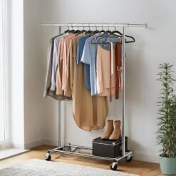 Garment Rail with Wheels, Adjustable Clothes Rack for Bedroom, Heavy Duty, Easy Assembly, Silver