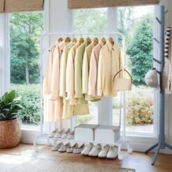 Clothes Rack, Single-Rod Clothing Rack with Wheels, Heavy-Duty Garment Rack