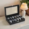 12-Slot Watch Box Organizer, Watch Case with Large Glass Lid, Removable Watch Pillows