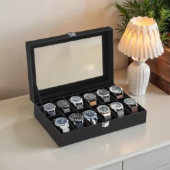 12-Slot Watch Box Organizer, Watch Case with Large Glass Lid, Removable Watch Pillows