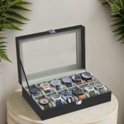 12-Slot Watch Box Organizer, Watch Case with Large Glass Lid, Removable Watch Pillows
