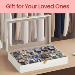 12-Slot Watch Box Organizer, Watch Case with Large Glass Lid, Removable Watch Pillows