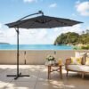 Patio Parasol, 3 m Cantilever Garden Parasol with 32 Solar-Powered LED Lights and Base, UPF 50+ Sun Protection