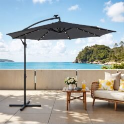 Patio Parasol, 3 m Cantilever Garden Parasol with 32 Solar-Powered LED Lights and Base, UPF 50+ Sun Protection