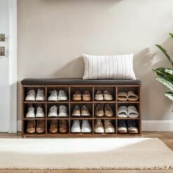 Entryway Storage Bench with 15 Compartments, Upholstered Shoe Organiser for Bedroom, Brown