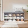 Entryway Storage Bench with 15 Compartments, Upholstered Shoe Organiser for Bedroom, White and Grey