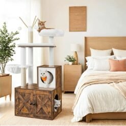 Cat Tree with Litter Box Furniture Hidden Enclosure, Modern Tower with Scratching Posts, Removable Pompom Sticks