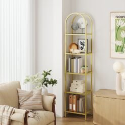 5-Tier Storage Rack, Glass Display Shelf, Bookcase with Steel Frame and Arch Design
