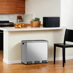 Triple Compartment Pedal Bin, 54 L Recycling Waste Bin with Soft-Close Lids and Handles, for Kitchen, Silver Black