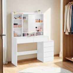Modern White Dressing Table with Mirror, Adjustable LED Lights and Storage