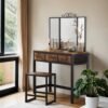 Dressing Table and Stool Set, Triple Fold Mirror, Industrial Vanity Table with 3 Drawers, Steel Frame, Brown and Black
