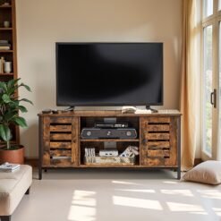 Media Console Table with Cabinet, Entertainment Center for Living Room, Louvred Doors, Brown and Black